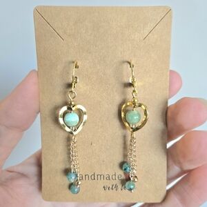 Golden Hearts With Green Aventurine Accent Earrings Handmade